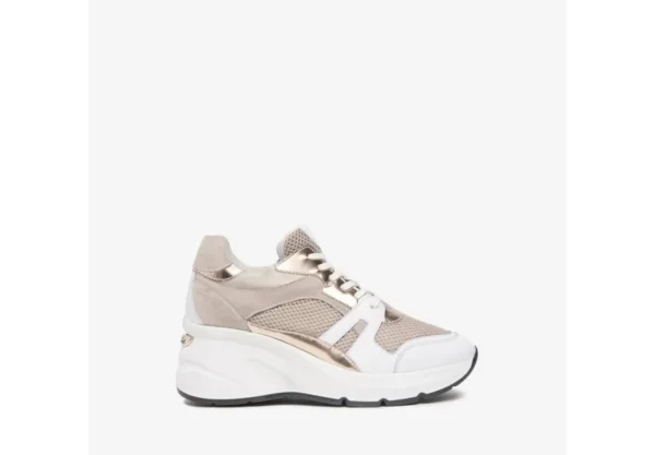 Donna Nero Giardini Nuova Collezione Sneakers In Pelle E Tessuto Con Zeppa E