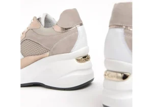 Donna Nero Giardini Nuova Collezione Sneakers In Pelle E Tessuto Con Zeppa E